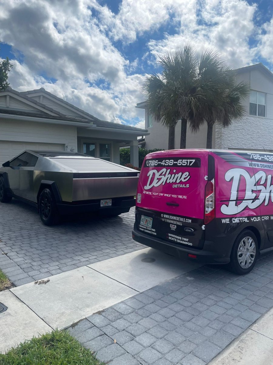 Tesla Cybertruck in a Weston Florida driveway with DShine Details van
