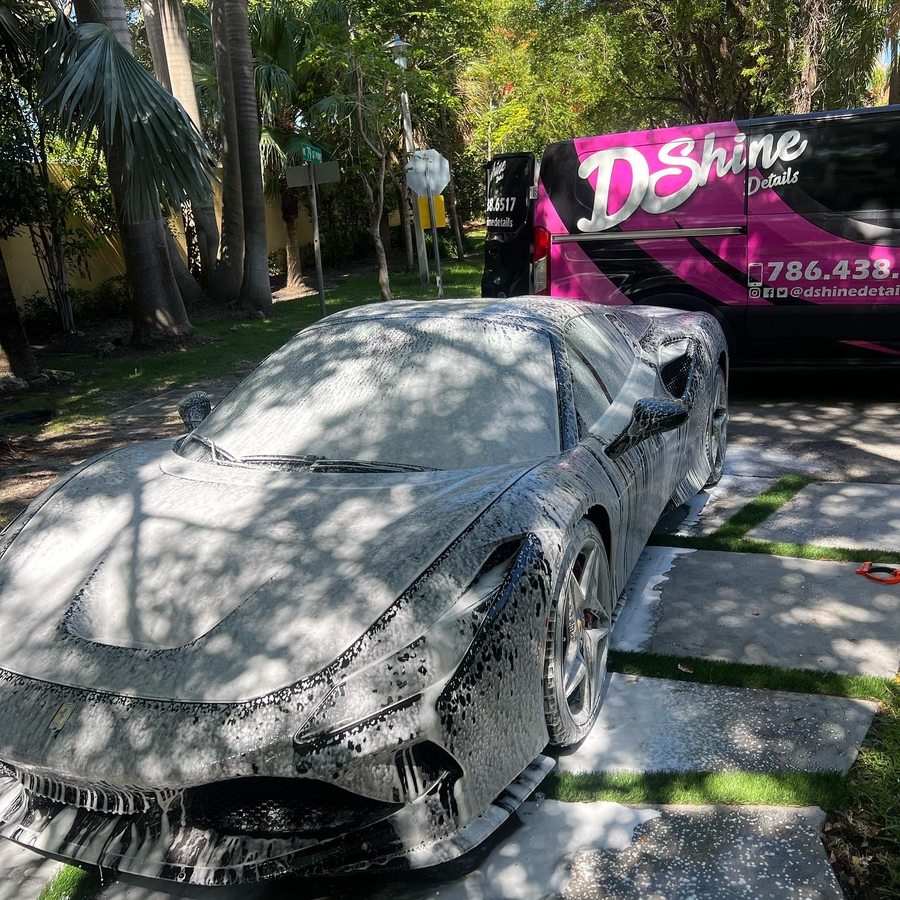 Ferrari 458 Italia receiving professional foam wash in Coral Gables by DShine Details
