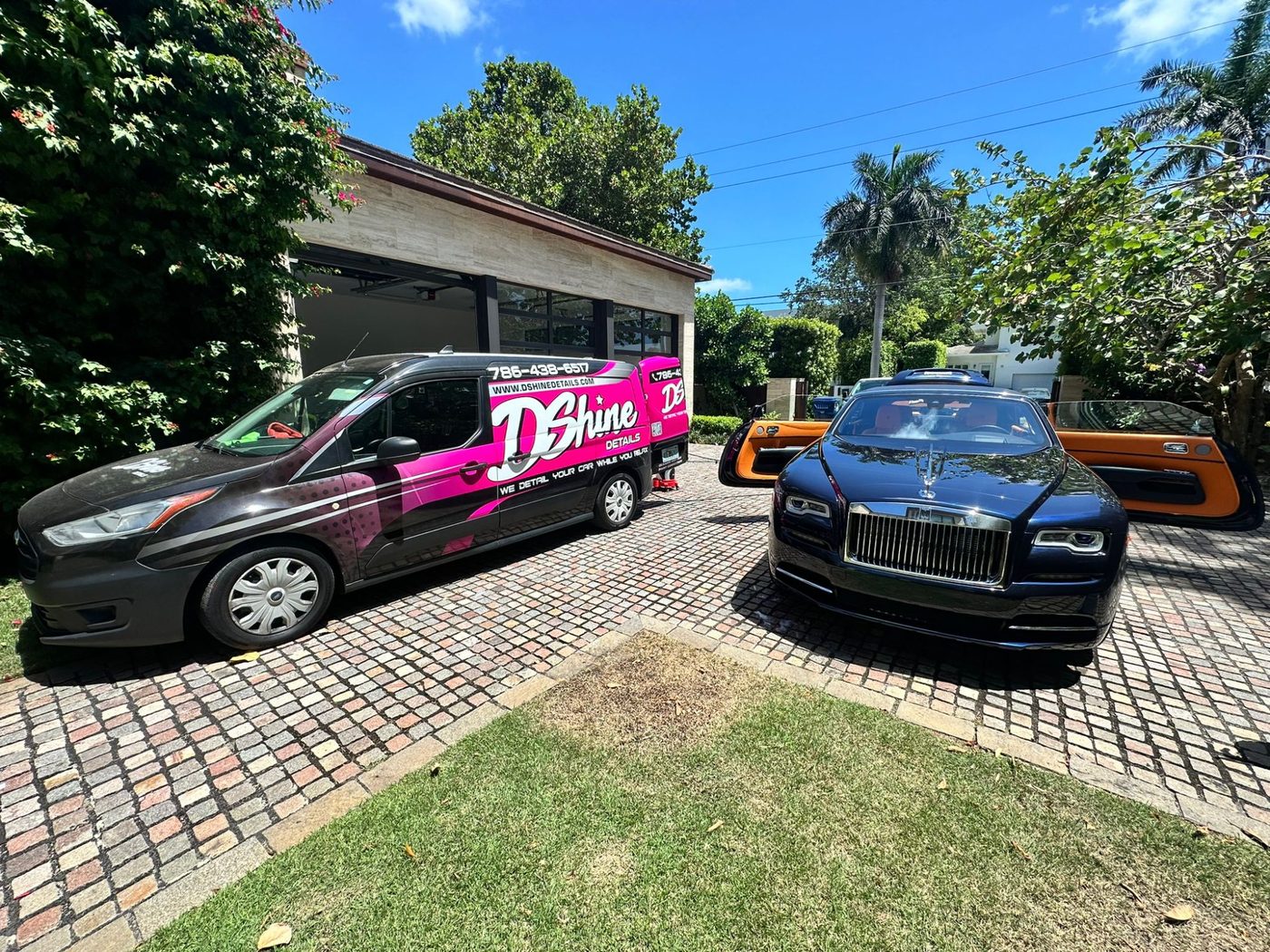 DShine Details mobile detailing van next to Rolls-Royce Wraith at South Florida mansion