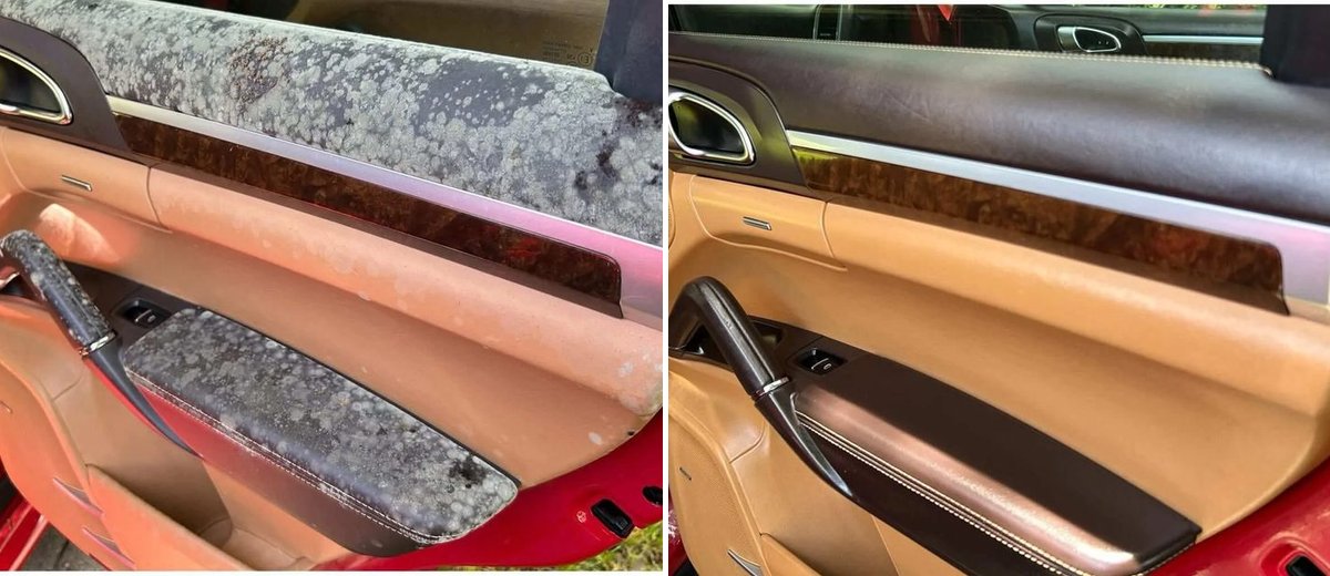 Real DShine Details before and after car mold removal in Miami FL, Porsche Cayenne door panel, IDA certified, from $550