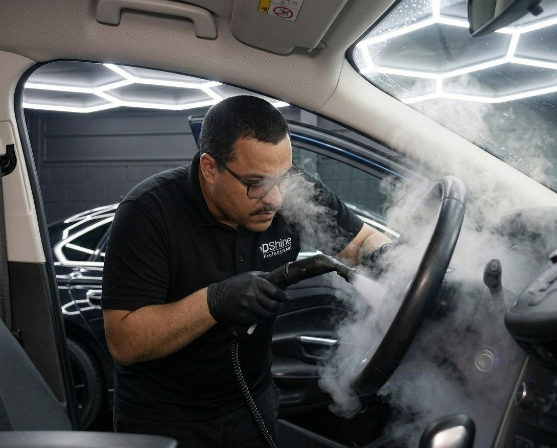DShine technician performing professional steam cleaning on car interior
