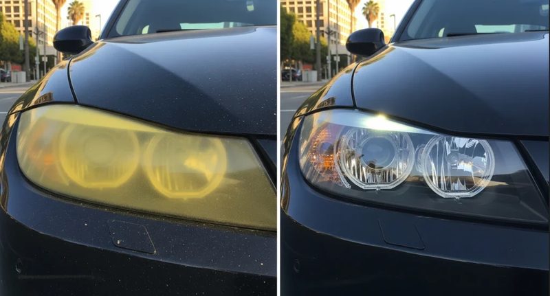 Headlight restoration before and after — oxidized yellow lens restored to crystal clear — DShine Details South Florida