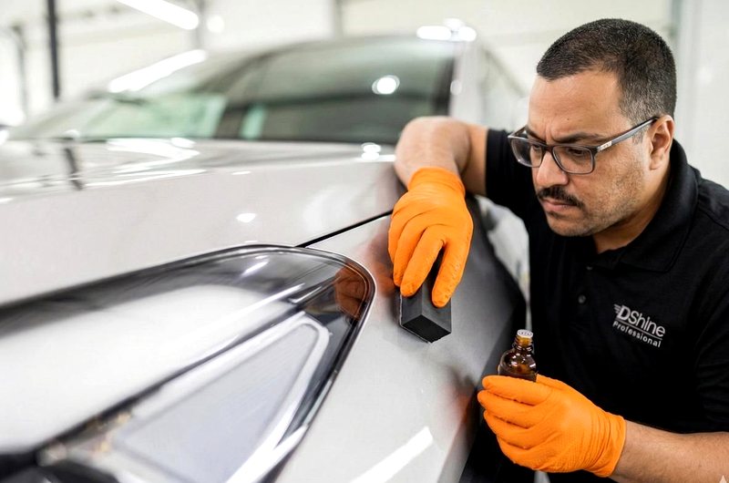 DShine certified technician applying ceramic coating with applicator block on luxury vehicle — South Florida