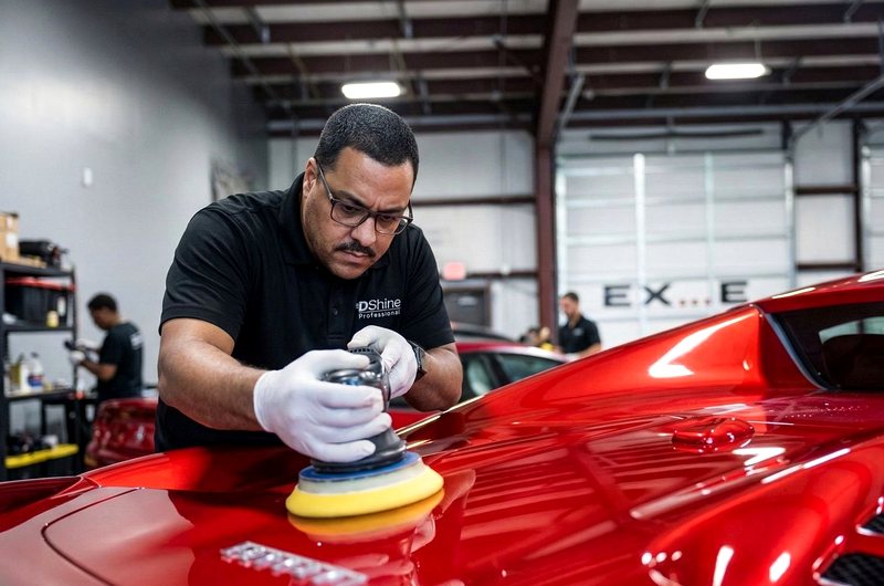 DShine IDA-certified technician performing paint correction on Ferrari with machine polisher — Miami South Florida