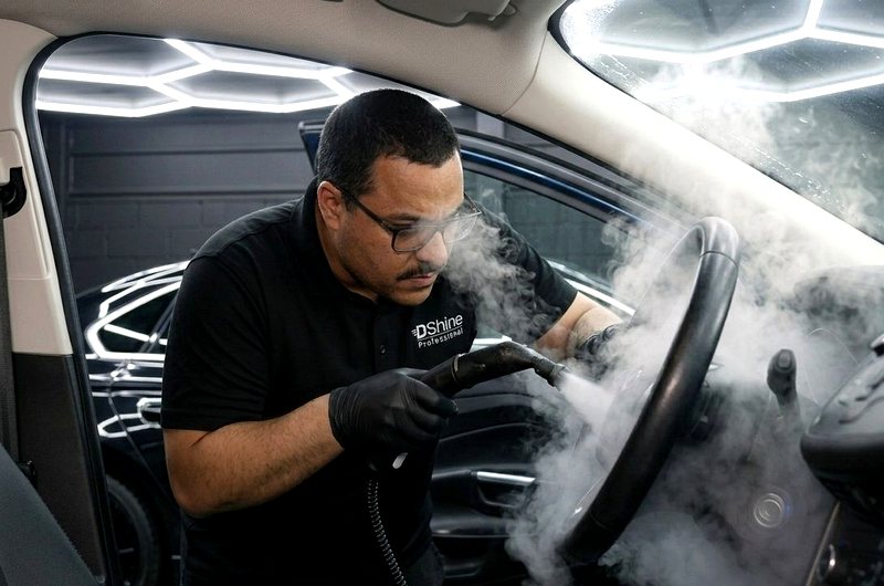DShine Professional technician steam cleaning vehicle interior — deep interior detail service South Florida