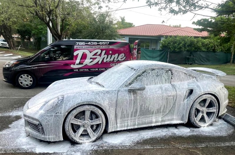 DShine mobile unit foam washing Porsche 911 on-location — South Florida mobile car detailing